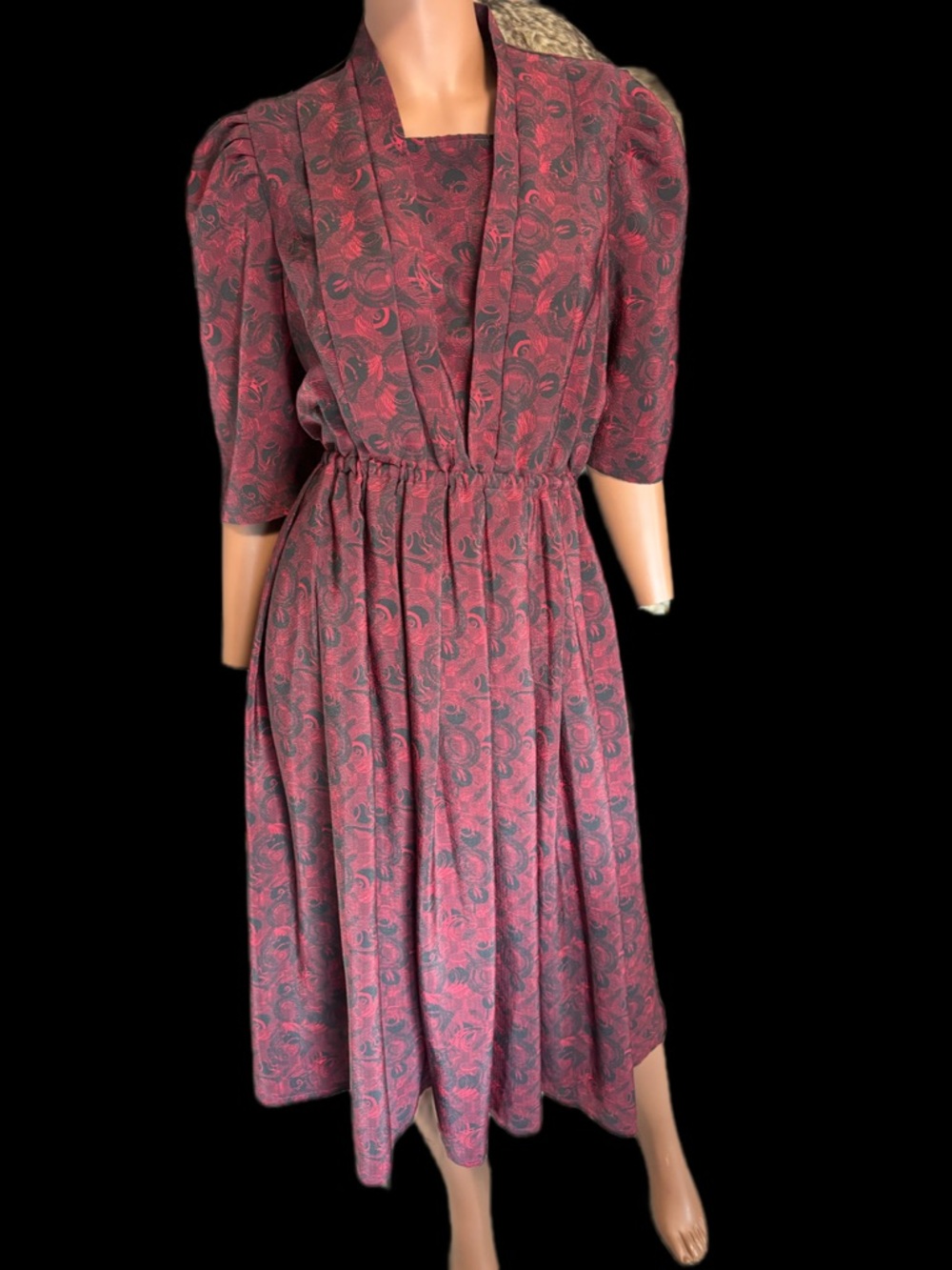 Vintage 50s Red & Black Floral Midi Dress with Gathered Waist